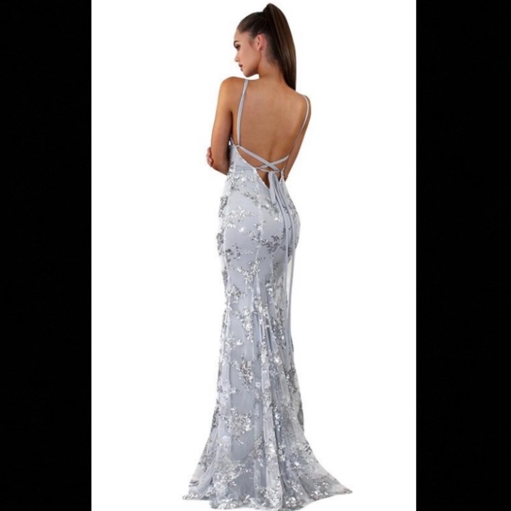 V-Line Plunge Semi-Sequin Silver Long Dress